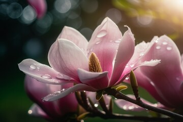 Magnolia flowers branch in morning. Natural blossom botany floral bud portrait. Generate ai