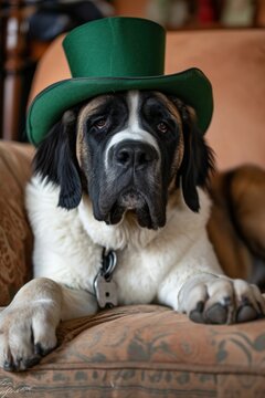 St. Bernard dog in green top hat and leprechaun shoes