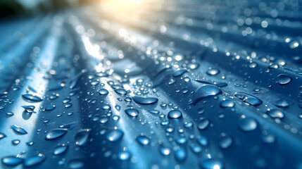 Raindrops on a blue surface with sunlight breaking through