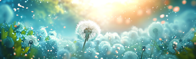 Field with fluffy white dandelions in natural park. Abstract panoramic background. - obrazy, fototapety, plakaty