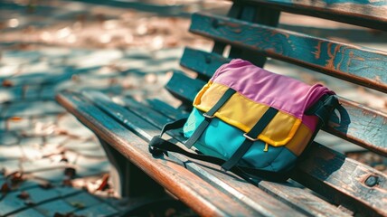 Colorful backpack on a park bench