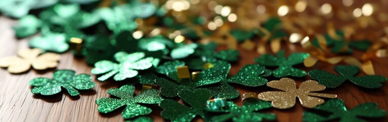 St. Patrick's Day background with shamrocks and golden confetti Banner