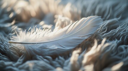 A delicate white feather resting on a textured fabric