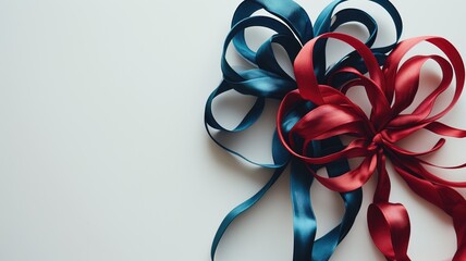 Red and blue satin ribbons arranged in bows on a white surface
