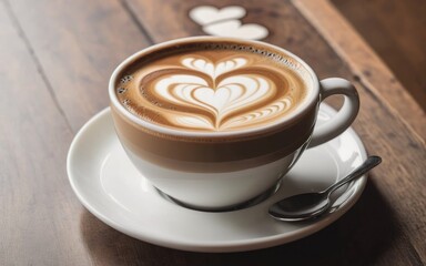 A cup of hot coffee with a heartshaped latte 