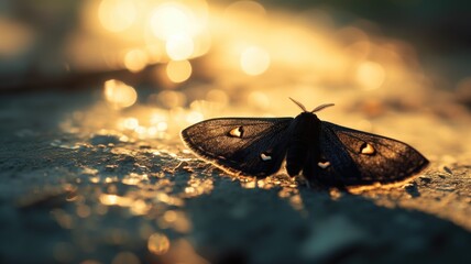 Silhouetted moth against a sunset with sparkling bokeh