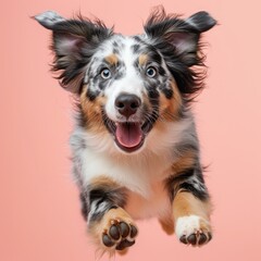 Fototapeta premium A happy jumping Australian Shepherd. light-pink Background