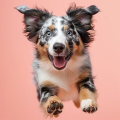 A happy jumping Australian Shepherd. light-pink Background