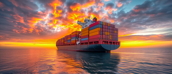 Logistics and transportation of Container Cargo ship at sunrise, logistic import export and transport industry background