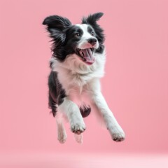 A happy jumping Border Collie. light-pink Background