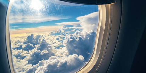 Sky view from an airplane window. White-blue clouds, sun rays. Travel by plane concept. Generative...