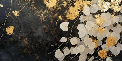 Gold and white leaf shape painting on black background. - obrazy, fototapety, plakaty