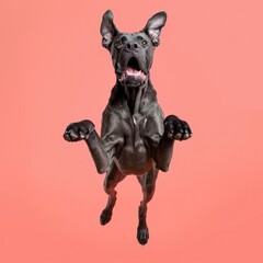 A happy jumping Great Dane. light-pink Background