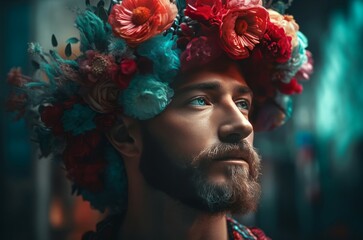 Man wearing flower crown. Bearded male model with blossom headwear wreath. Generate ai - obrazy, fototapety, plakaty