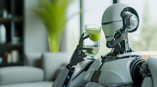 Cinematic photograph of robot having a drink AI. Smart robots. Future.