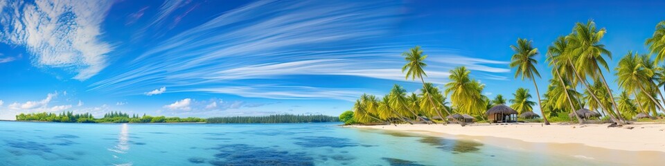 Panorama of a tropical beach with coconut palm trees