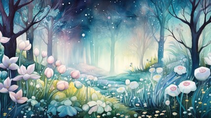 Enchanted Night Garden with Tulips and Stars. Artistic night scene of a mystical garden with glowing tulips under a starry sky.