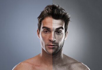 Man, beard and half face for hair removal improvement in studio for wellness, comparison or grey background. Male person, portrait and self care for before and after, transformation or mockup space - obrazy, fototapety, plakaty
