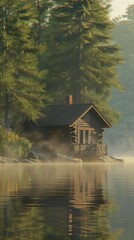 Fototapeta premium A lonely house on the island of a mountain lake