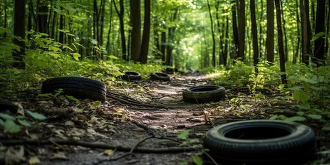 Car tires in the forest, among the trees, concept of Nature - obrazy, fototapety, plakaty