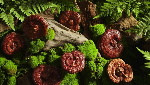 View from above of Ganoderma mushrooms growing next to green moss, tree roots and ferns. Simulated natural scene with turntable for advertising.