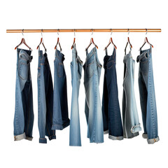 Blue jeans shirt and shorts jeans on hanging and blue torn jeans isolated on transparent background