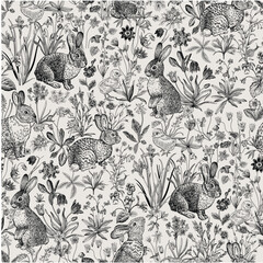 Lawn. Seamless pattern. Vintage vector botanical illustration. Bunnies are among the flowers. Black and white - 720229391