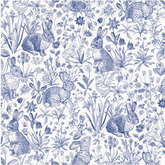Lawn. Seamless pattern. Vintage vector illustration. Bunnies and chickens are among the flowers. Blue and white
