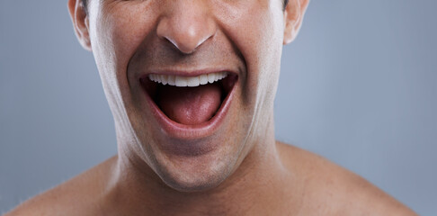 Man, mouth and clean shave with laughing, lips and hygiene with jawline, satisfaction and treatment...