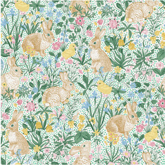 Lawn. Seamless pattern. Vintage vector illustration. Bunnies and chickens are among the flowers. - 720229767