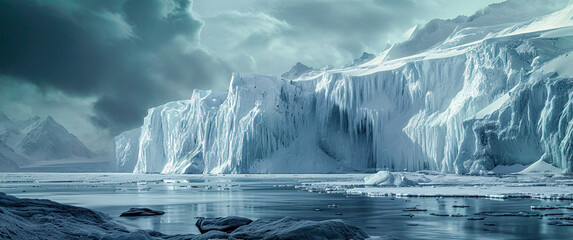 Iceberg in Arctic Ocean with Seascape with Ice Glaciers Wallpaper Background Poster Illustration Digital Art Cover Card