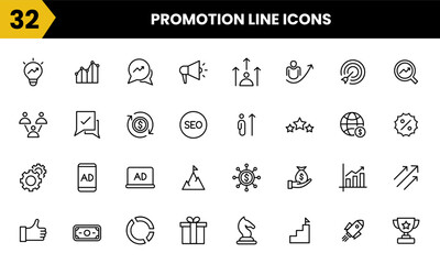 Strategy marketing promotion line vector icon set. This set includes various elements such as chat, target, payment, analytic, network and etc. Simple icon graphic symbol design