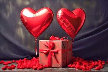 Valentine's Day background with two red balloons in the shape of a heart and a gift box