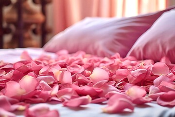 Fototapeta na wymiar Pink rose petals on the bed in the morning. Romantic background.