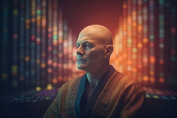 Meditation bald trader man. Mindfulness relaxed guru in meditative pose. Generate ai - obrazy, fototapety, plakaty