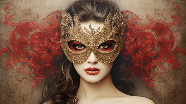 A vintage masquerade party poster from the 1900s embroidered with cross stitch