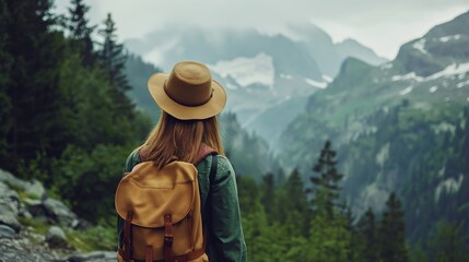 Fototapeta na wymiar A woman traveler hiking in the mountains, captivated by the awe-inspiring beauty of nature.