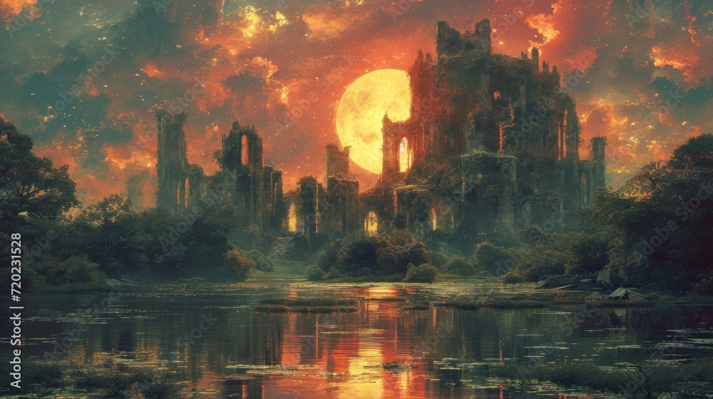 Poster amidst the towering skyscrapers and tranquil waters, a majestic castle stands adorned with a sprawli