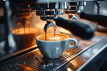 Professional barista perfecting art of coffee making in cafe. Espresso flows aroma and fresh start to morning. In background modern coffee machine crafts cappuccinos uniting tradition and technology