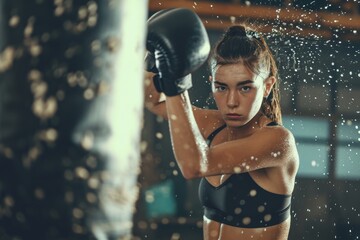 Fototapeta premium A fierce woman confidently wears boxing gloves while showing off her outdoor fashion sense, embodying strength and determination with her intense human face
