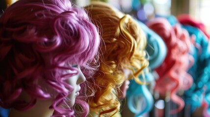 Brightly colored wigs on mannequin heads in a row - obrazy, fototapety, plakaty