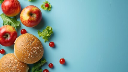 Colorful healthy sandwiches and fruits on a vibrant blue backdrop