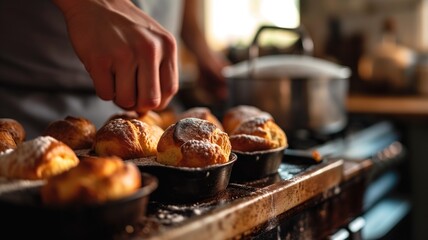 Freshly baked buns on a tray in the kitchen
