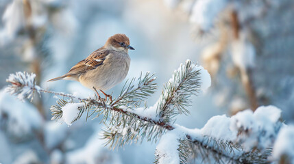 Winter bird sits on a branch of a snow-covered pine tree, against the backdrop of a dense forest