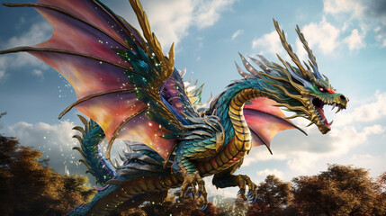 Fototapeta na wymiar Carnival Dragon: A giant dragon made of carnival elements