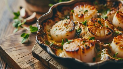 Pan-seared scallops in a rustic skillet with herbs - obrazy, fototapety, plakaty