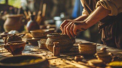 Artisan's hands shaping a clay pot amid pottery on a wooden table