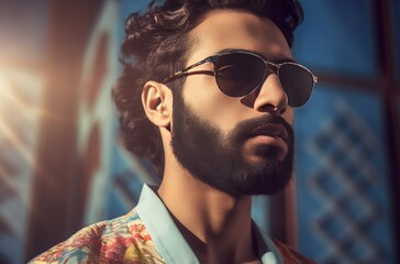 Middle eastern male model with sunglasses. Bearded brunet macho guy portrait. Generate ai
