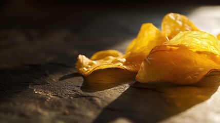 Glistening potato chips with sunlight casting shadows