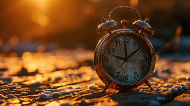 Vintage alarm clock on snowy surface in golden sunrise